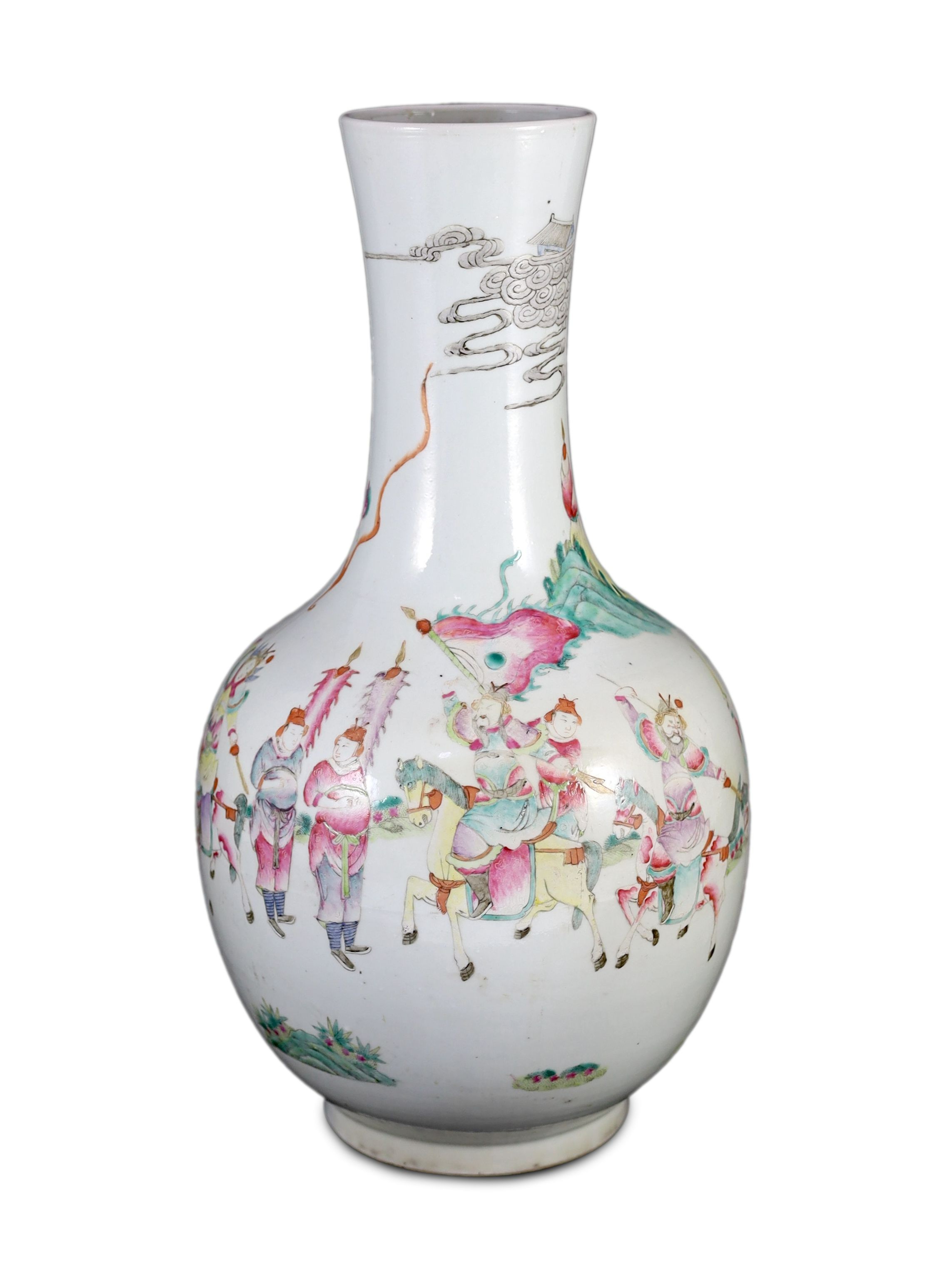 A Chinese famille rose 'warriors' bottle vase, early 20th century, 45 cm high